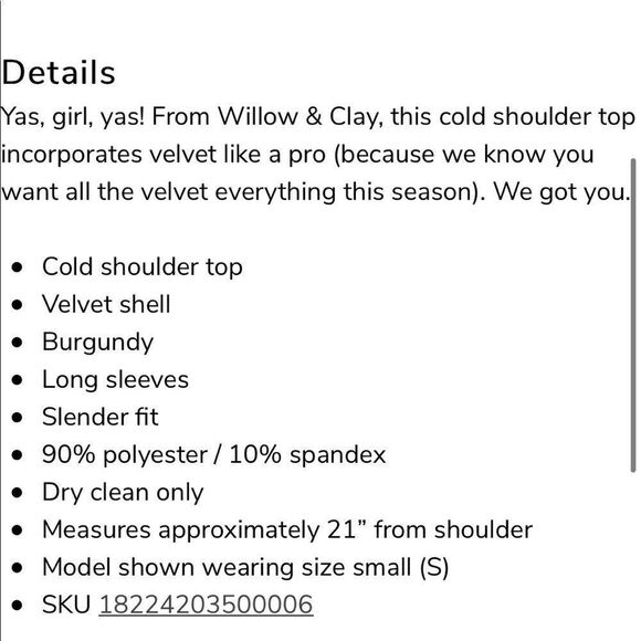 Willow & Clay Velvet Cold Shoulder Top NWT - Picture 8 of 8